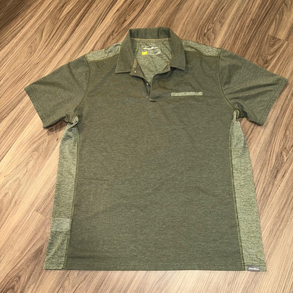 Eddie Bauer Travex Men's Green Heathered Polo Shirt Pocket Short Sleeve‎ L
